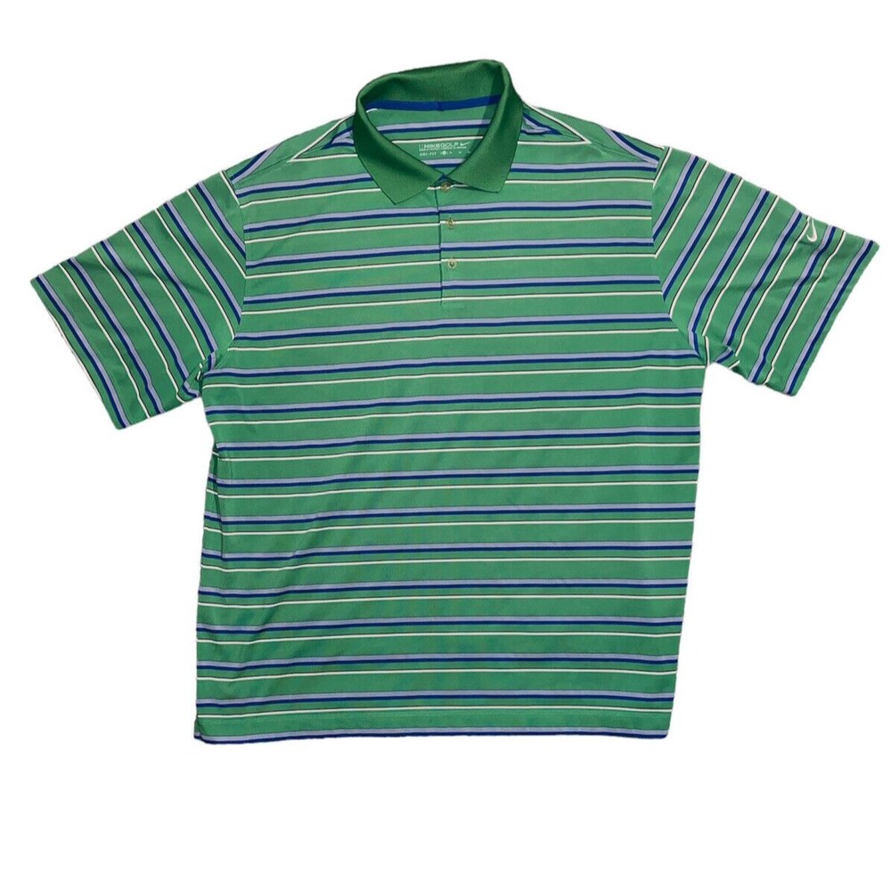 Nike Polo Shirt Mens XL Green Short Sleeve Dri Fit Logo Golf Collared Striped